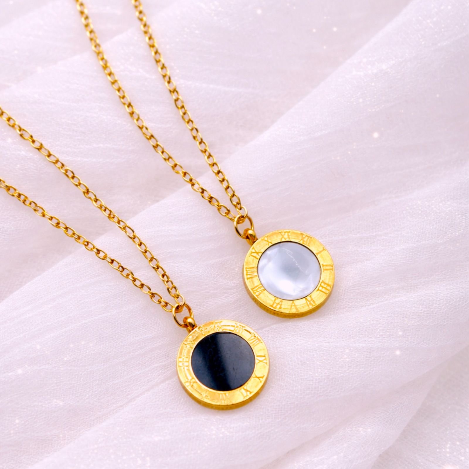 Double Sided Roman Numeral Pendant Black/White - Necklace (18k Gold Plated)